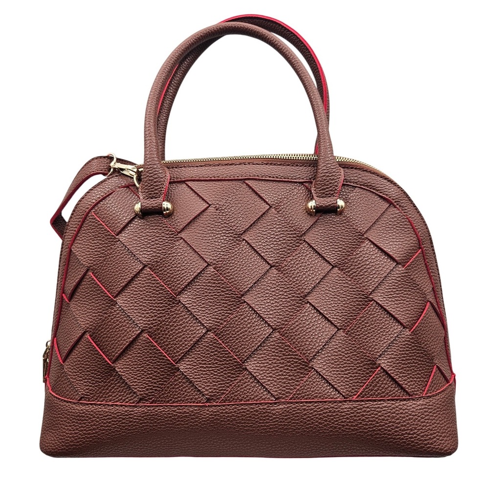 Pink‎ Haley Tan Woven Dome Satchel  Red Trim Gold Hardware Crossbody Strap